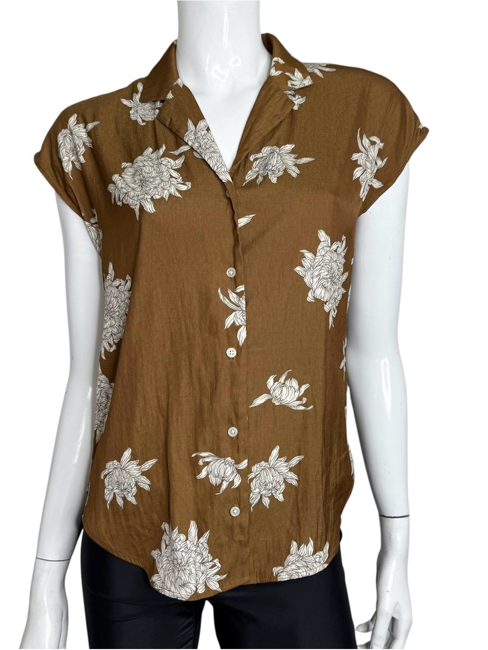 T Tahari Brown Floral Button-Front Cap Sleeve Blouse